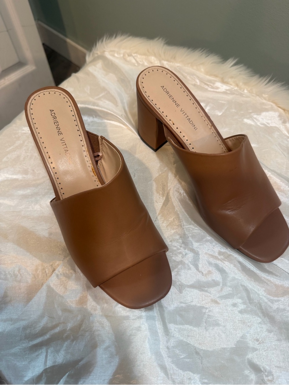 Adrienne Vittadini Tan Leather Open-Toe Block Heel Mules